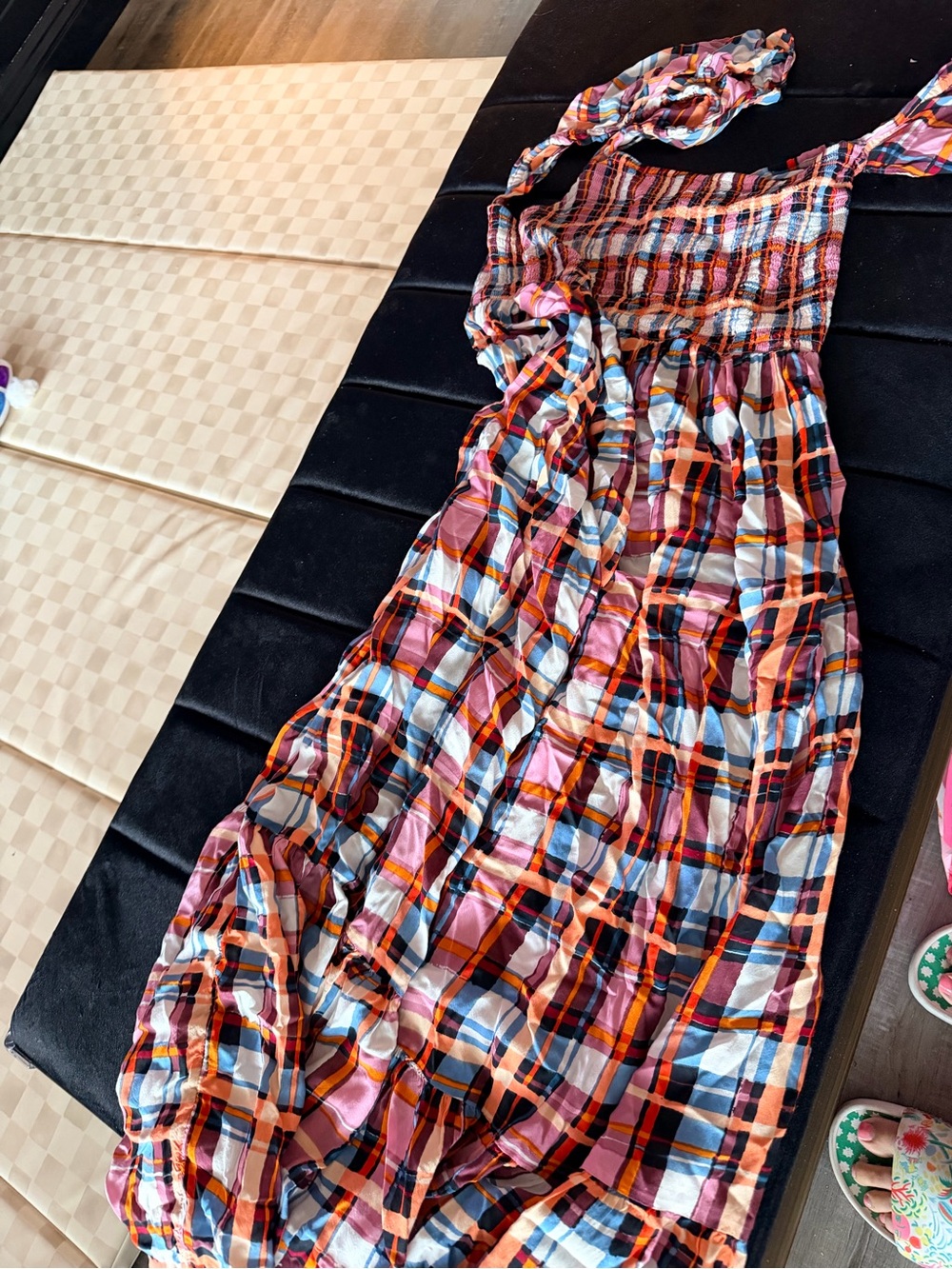 Anthropologie Pink Orange Plaid Smocked Maxi Skirt